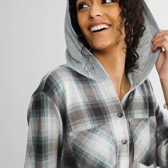 ✨ONLINE EXCLUSIVE!✨ SOLD OUT!✨ Buckle BKE Plaid Knit Hooded Shirt L-OLIVE GREEN - Picture 5 of 6